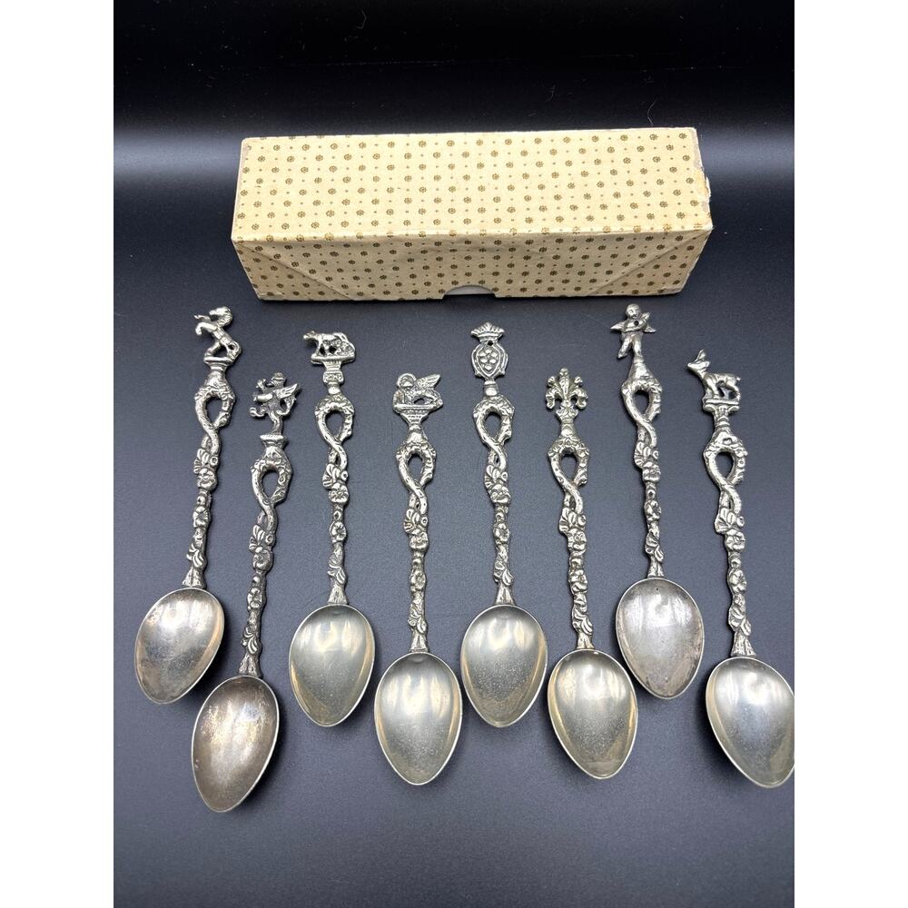 Vintage Montagnani Italy Set of 8 Figural Demitasse Spoons Ornate Collectible